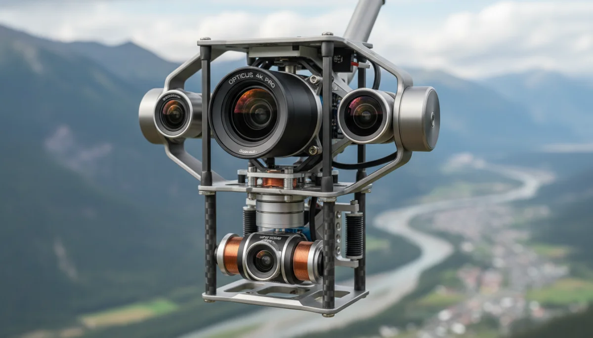 Close-up of drone gimbal with multiple camera lenses