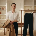 Elegant woman with classic trench coat, tailored shirt, and trousers in a luxury closet, symbolizing smart fashion investments.