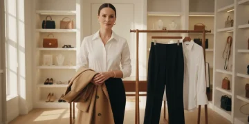 Elegant woman with classic trench coat, tailored shirt, and trousers in a luxury closet, symbolizing smart fashion investments.