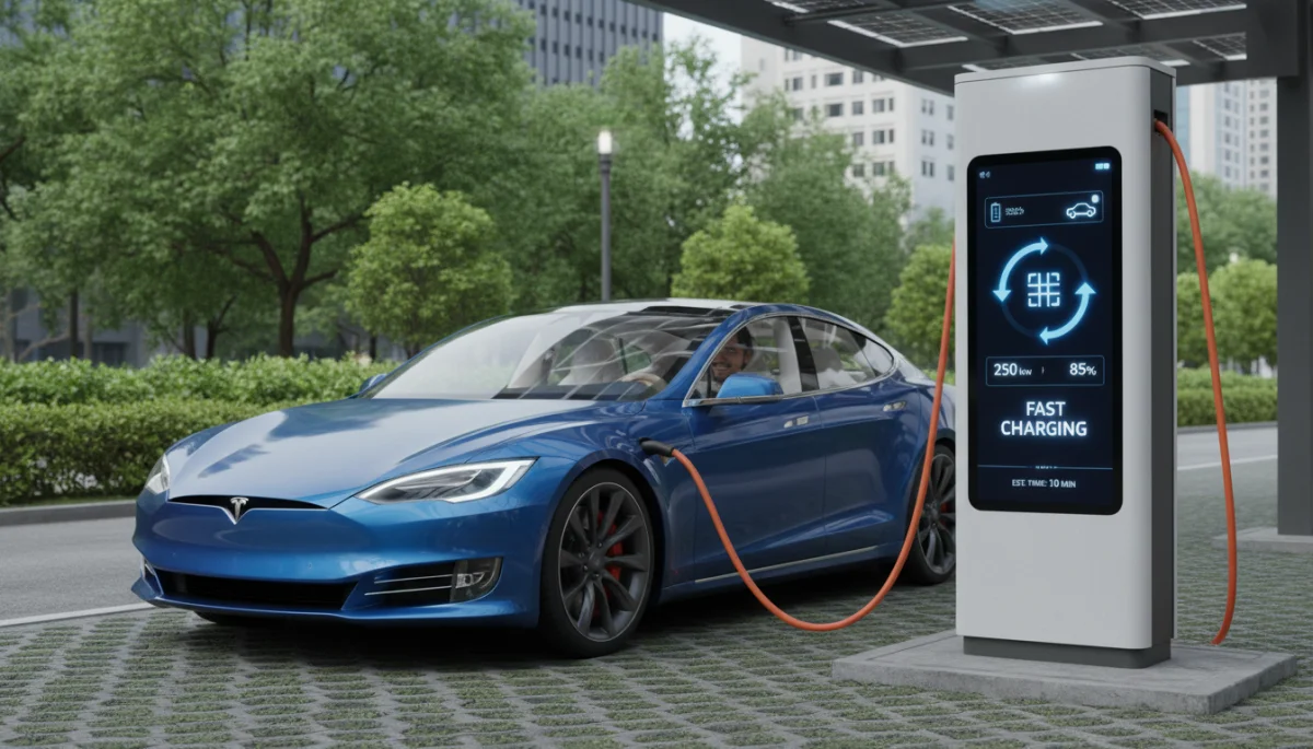 Electric vehicle fast charging at a public station, showing energy flow.