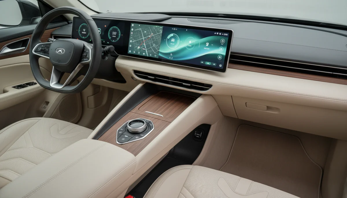 Advanced electric vehicle interior with large touchscreen and sustainable materials.