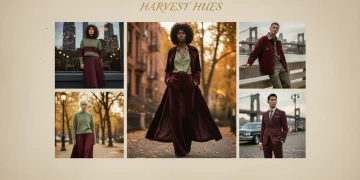Models in deep burgundy and earthy sage green fall fashion