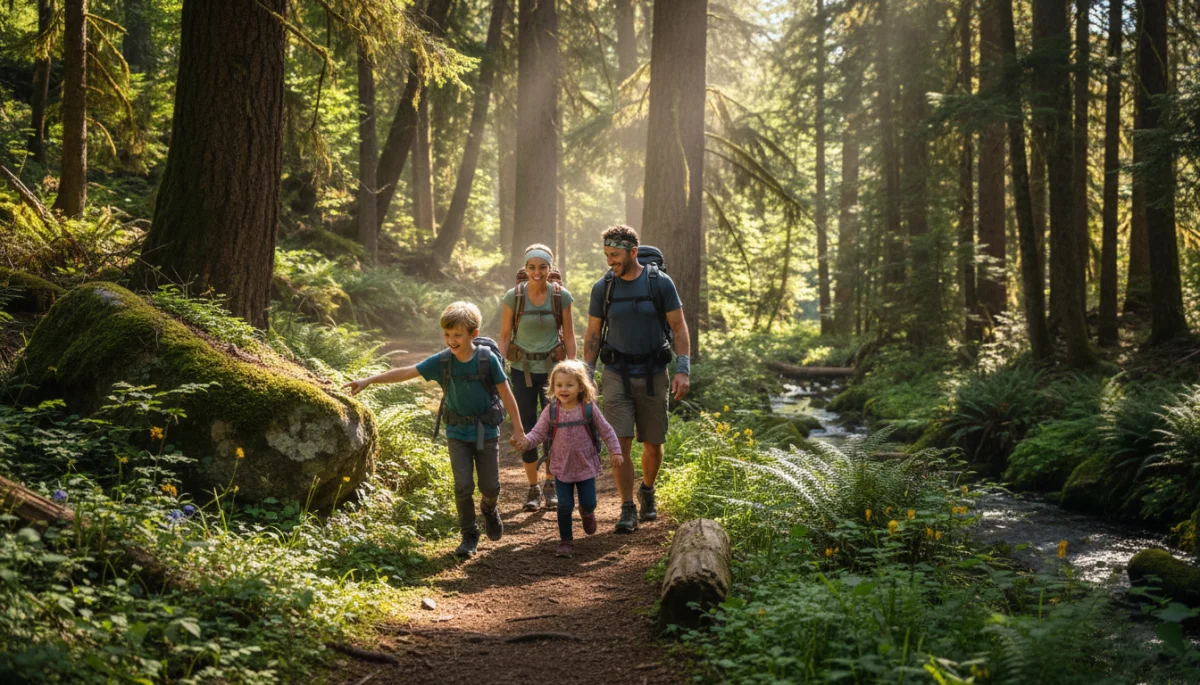 Family hiking in a sunny forest, demonstrating physical activity and family time outdoors