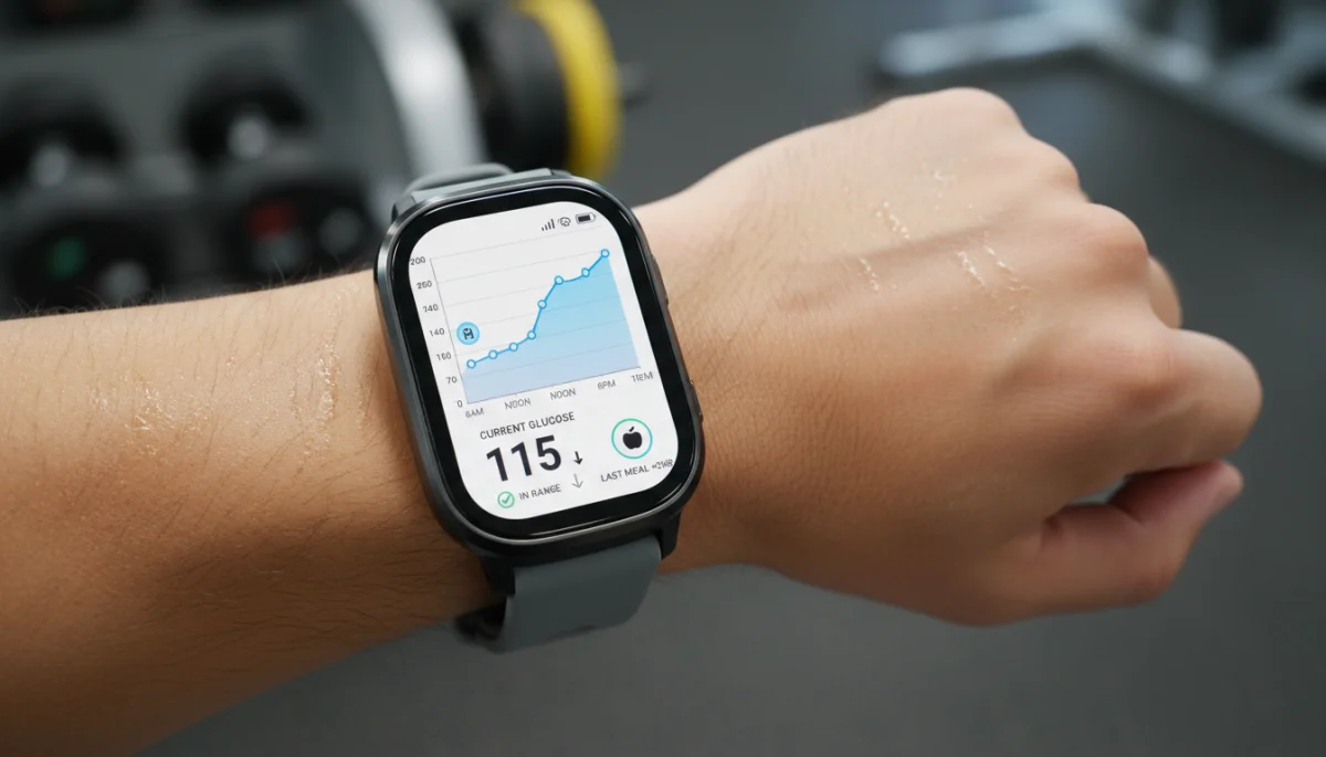 Fitness tracker on wrist displaying continuous glucose monitoring, highlighting diabetes management.