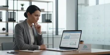 Affiliate marketer reviewing FTC compliance documents on a laptop in a modern office setting.