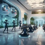 Futuristic wellness landscape with diverse people engaging in advanced health practices