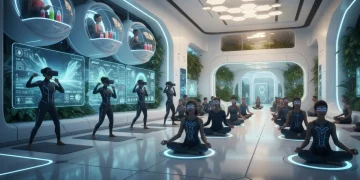 Futuristic wellness landscape with diverse people engaging in advanced health practices