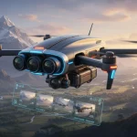 Futuristic drone with 4 cameras capturing a sunrise landscape