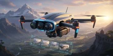 Futuristic drone with 4 cameras capturing a sunrise landscape