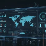 Futuristic e-commerce dashboard with analytics and digital currency symbols.