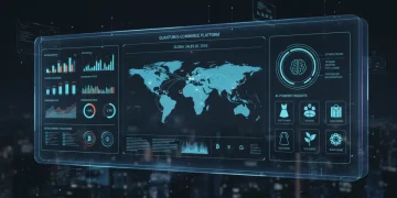 Futuristic e-commerce dashboard with analytics and digital currency symbols.