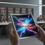 Futuristic e-reader with flexible display in hands, showcasing advanced reading technology.