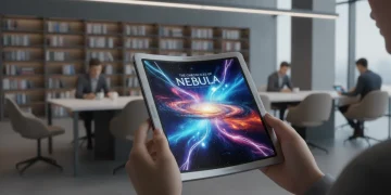 Futuristic e-reader with flexible display in hands, showcasing advanced reading technology.