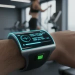 Futuristic fitness tracker displaying health data on a wrist in a gym setting, highlighting advanced sensor technology.