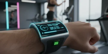 Futuristic fitness tracker displaying health data on a wrist in a gym setting, highlighting advanced sensor technology.
