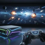 Futuristic gaming console connected to an 8K display showcasing a high-fidelity game.
