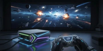 Futuristic gaming console connected to an 8K display showcasing a high-fidelity game.