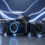 Three advanced mirrorless digital cameras side-by-side, showcasing futuristic design and cutting-edge technology for 2026