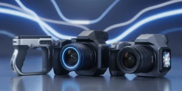 Three advanced mirrorless digital cameras side-by-side, showcasing futuristic design and cutting-edge technology for 2026