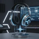 Futuristic premium over-ear headphones on a stand, representing 2026 audio innovation.