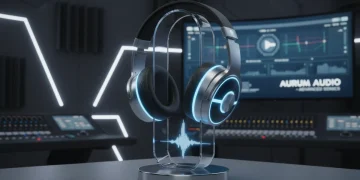 Futuristic premium over-ear headphones on a stand, representing 2026 audio innovation.