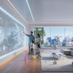 Futuristic smart display integrated into a modern living room wall, showing interactive features and smart home connectivity.
