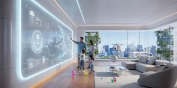 Futuristic smart display integrated into a modern living room wall, showing interactive features and smart home connectivity.