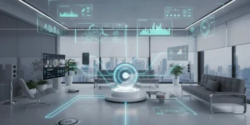 Futuristic smart home hub connecting diverse devices in a modern living space
