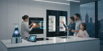 Futuristic smart kitchen appliances in a modern home setting