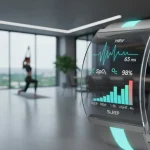 Futuristic smartwatch displaying health data, representing advanced wearable health monitoring technology.