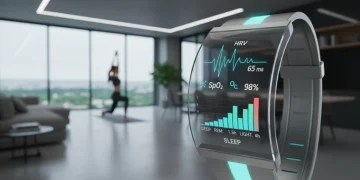 Futuristic smartwatch displaying health data, representing advanced wearable health monitoring technology.