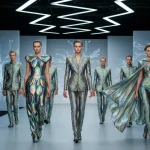 Futuristic models displaying garments made from tech-infused textiles on a runway.