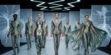 Futuristic models displaying garments made from tech-infused textiles on a runway.