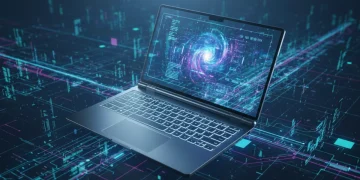 Futuristic ultrabook with holographic display representing 2026 laptop market innovation
