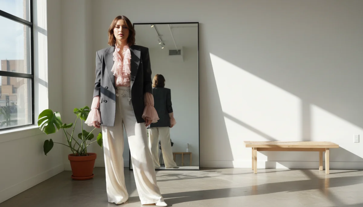 Person confidently wearing a gender-fluid outfit, reflecting contemporary style.