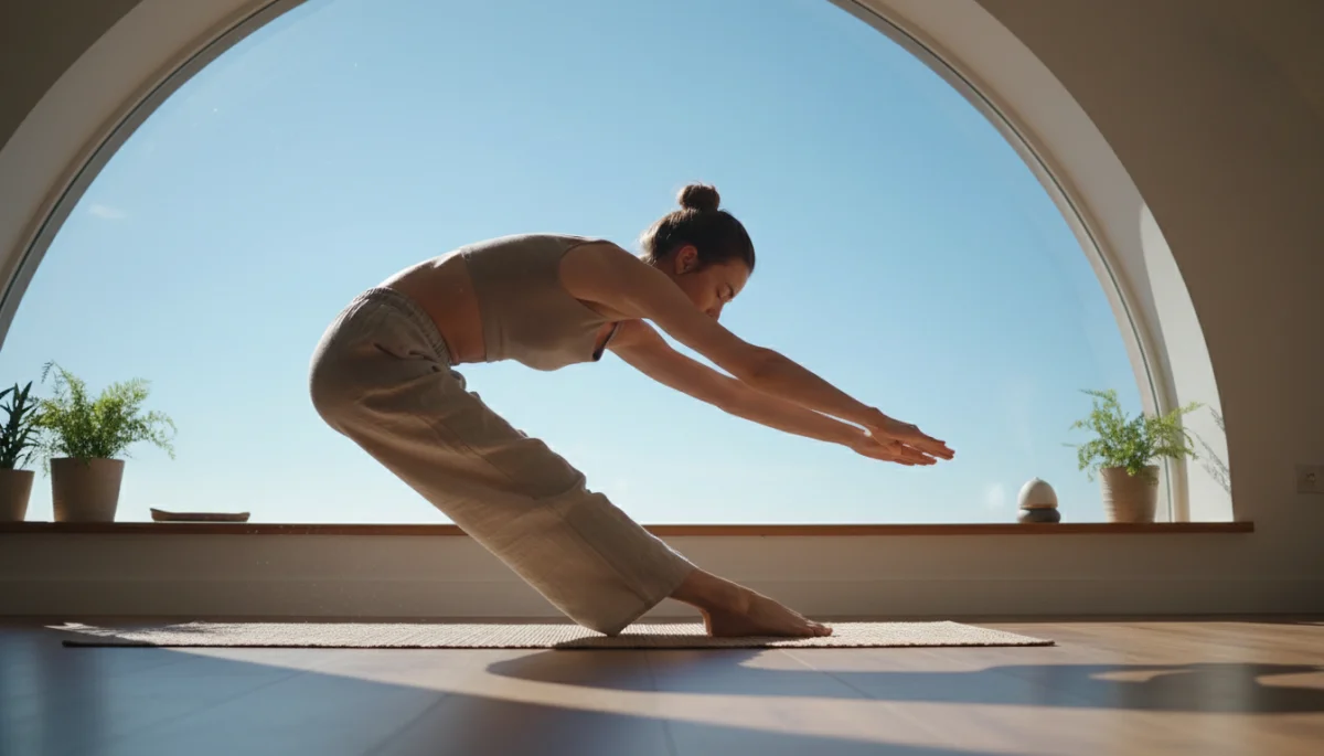 Person gently stretching in sunlit room, promoting morning movement.