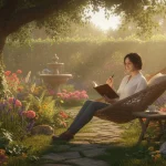 Woman journaling in a serene, sunlit garden, reflecting on gratitude.