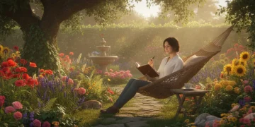 Woman journaling in a serene, sunlit garden, reflecting on gratitude.