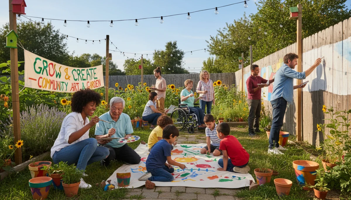 Diverse group engaging in an outdoor creative activity, fostering social connection.