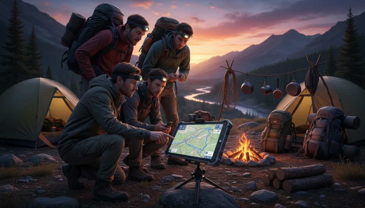 Group planning route with rugged GPS tablet at campsite.