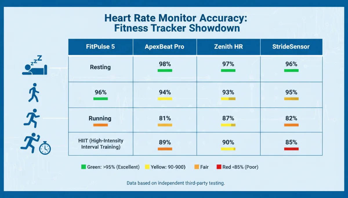 Infographic comparing heart rate monitoring accuracy of multiple fitness trackers during various activities.