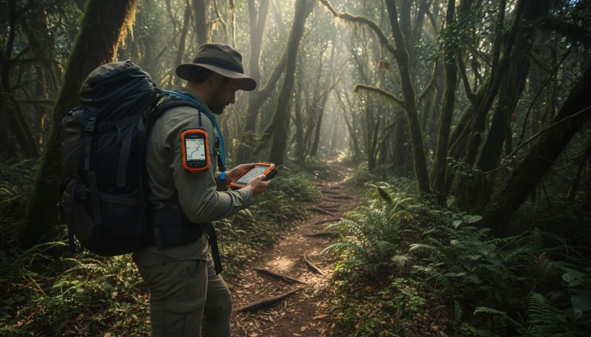 Hiker using a compact GPS device on a forest trail.