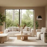 A tranquil living room designed as a home sanctuary with natural light and calming elements.