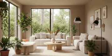 A tranquil living room designed as a home sanctuary with natural light and calming elements.