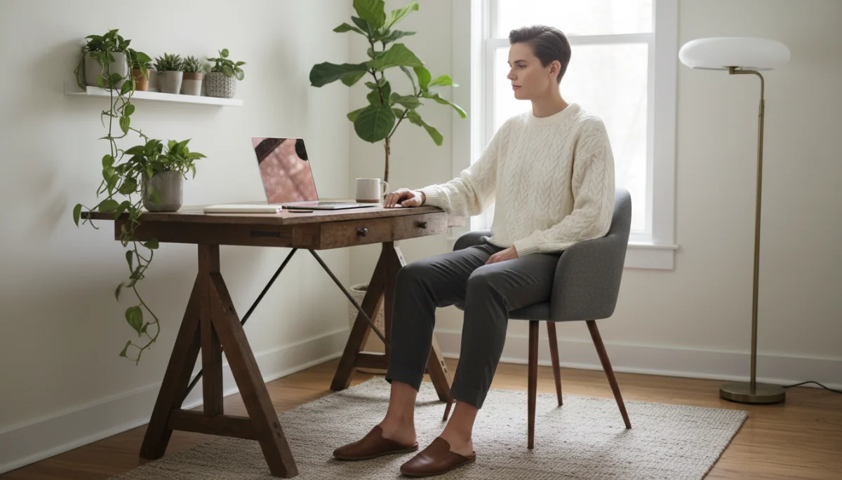 Hybrid work attire, comfortable knit sweater and tailored joggers in home office