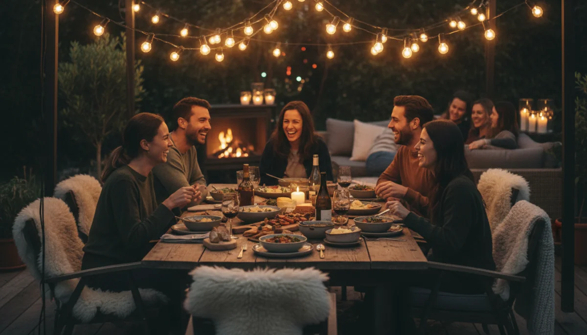 Friends enjoying a cozy dinner party with warm lighting and good conversation