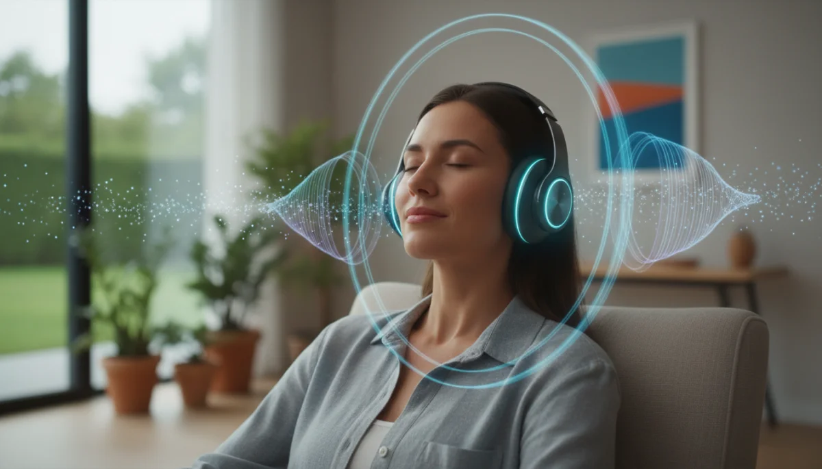 Person enjoying immersive audio with high-end wireless headphones in a modern setting.