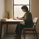 Person journaling by a window, finding peace and mental clarity.