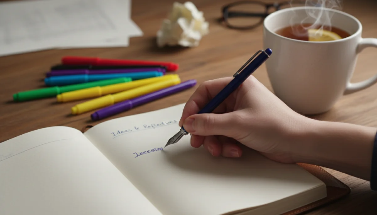 Hand writing in a personal journal with a variety of pens.