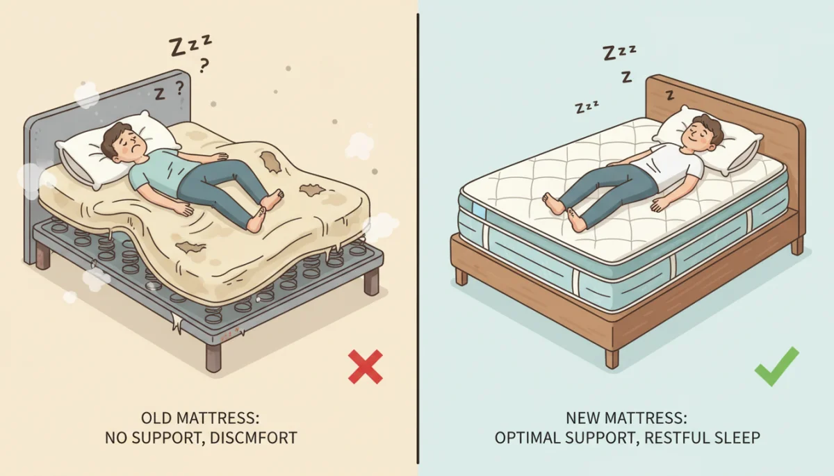 Comparison of old sagging mattress versus new supportive mattress